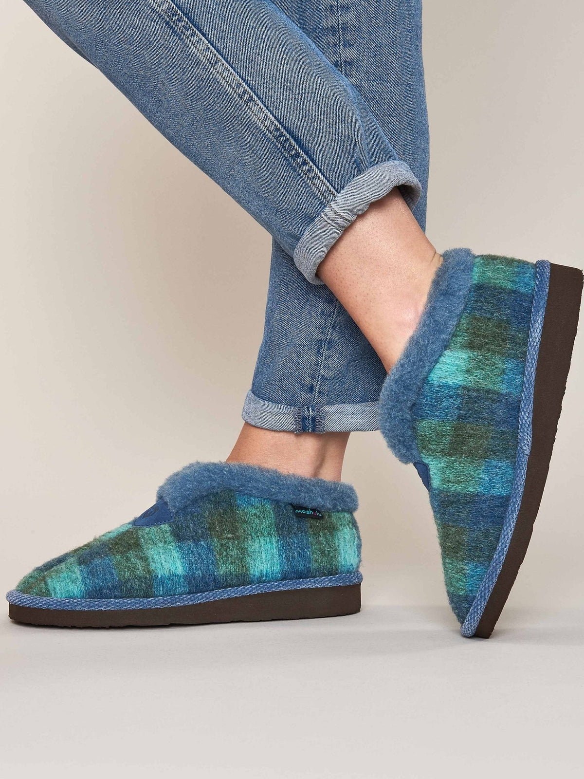 Blue felt plaid ankle boot slippers - NANIS BLUE PLAID