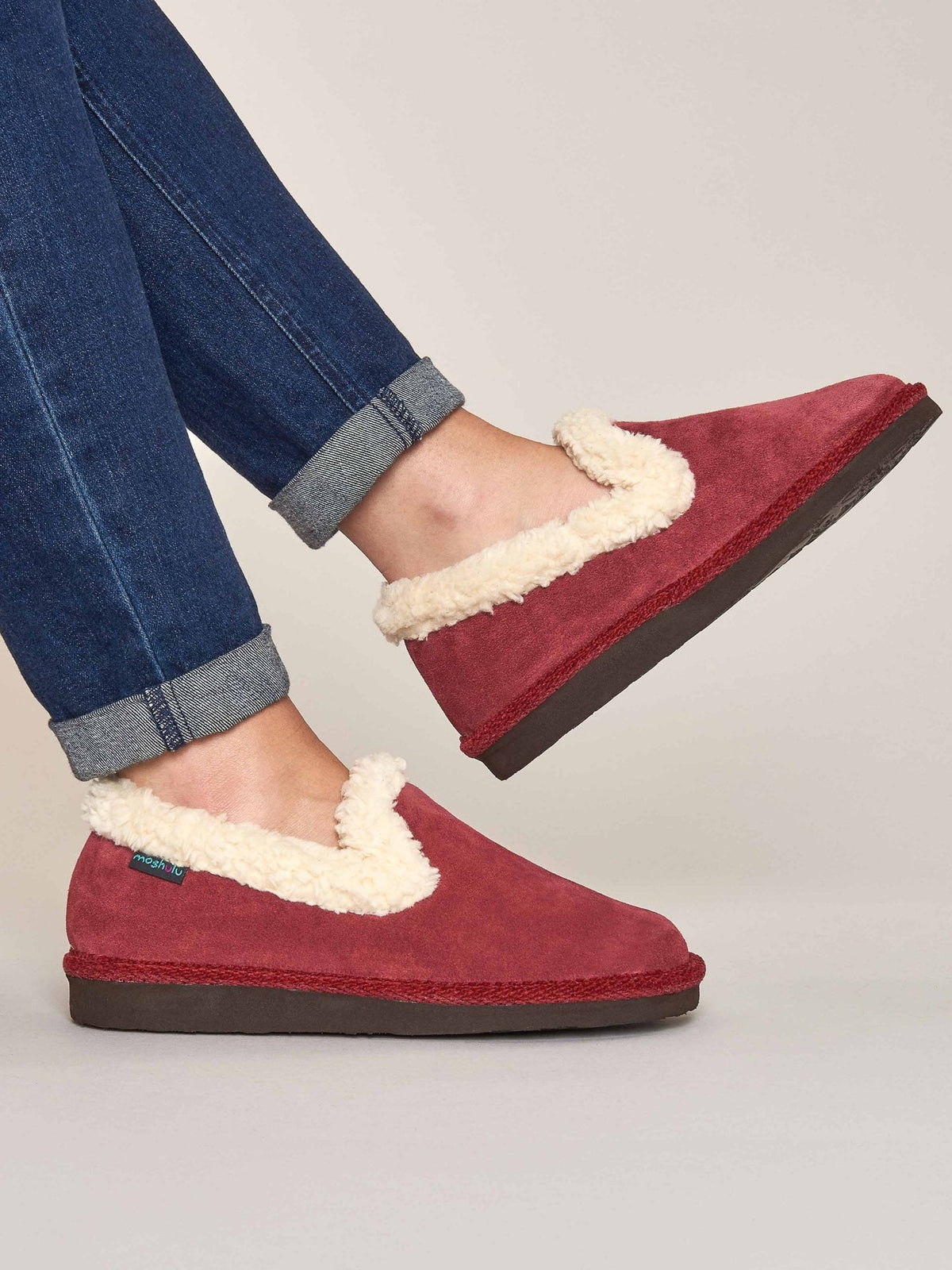 Red suede fluffy lined full slippers - ONTARIO CRANBERRY