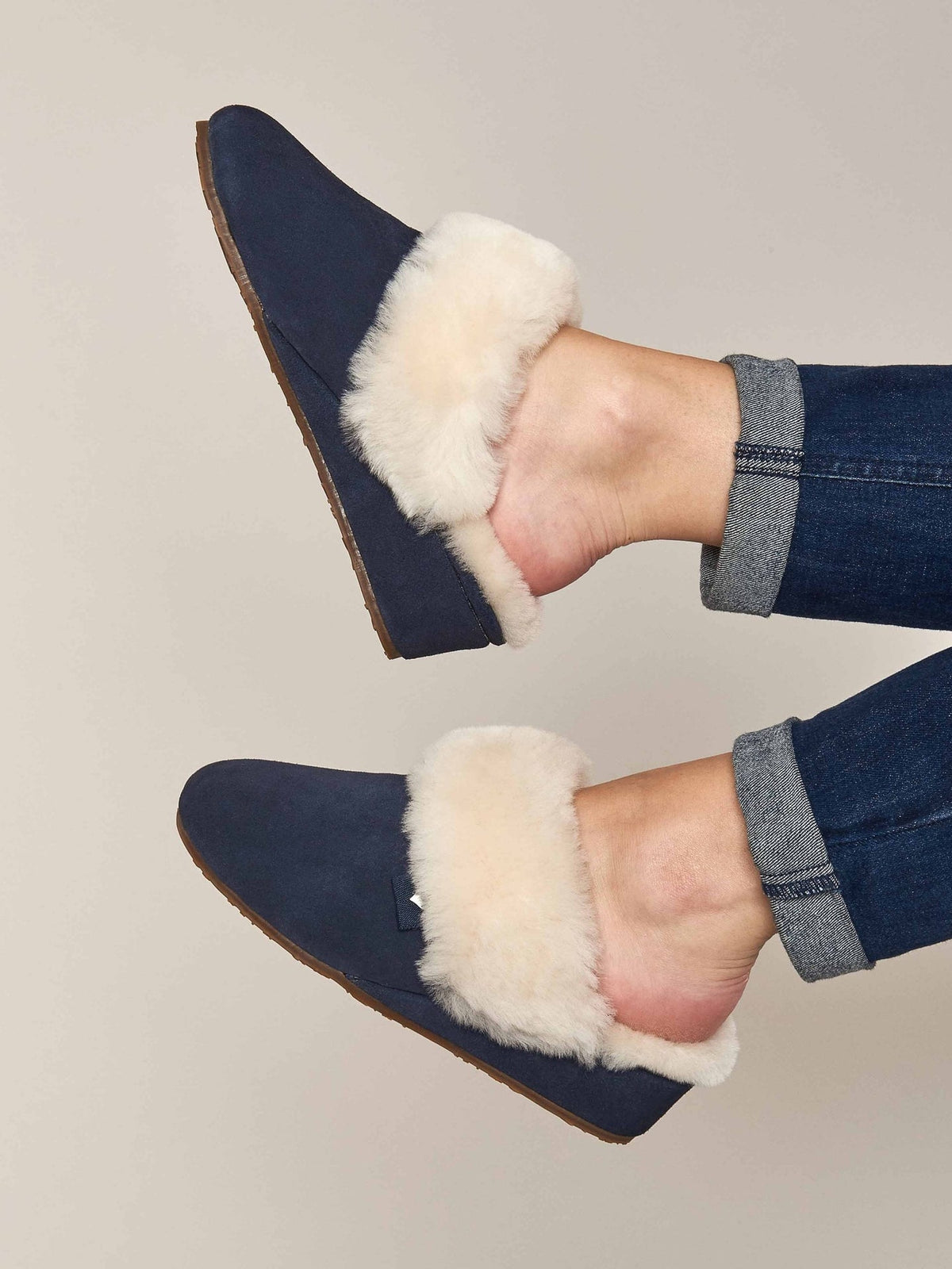 Blue ladies' sheepskin wedge slippers - CHARELLA INDIGO
