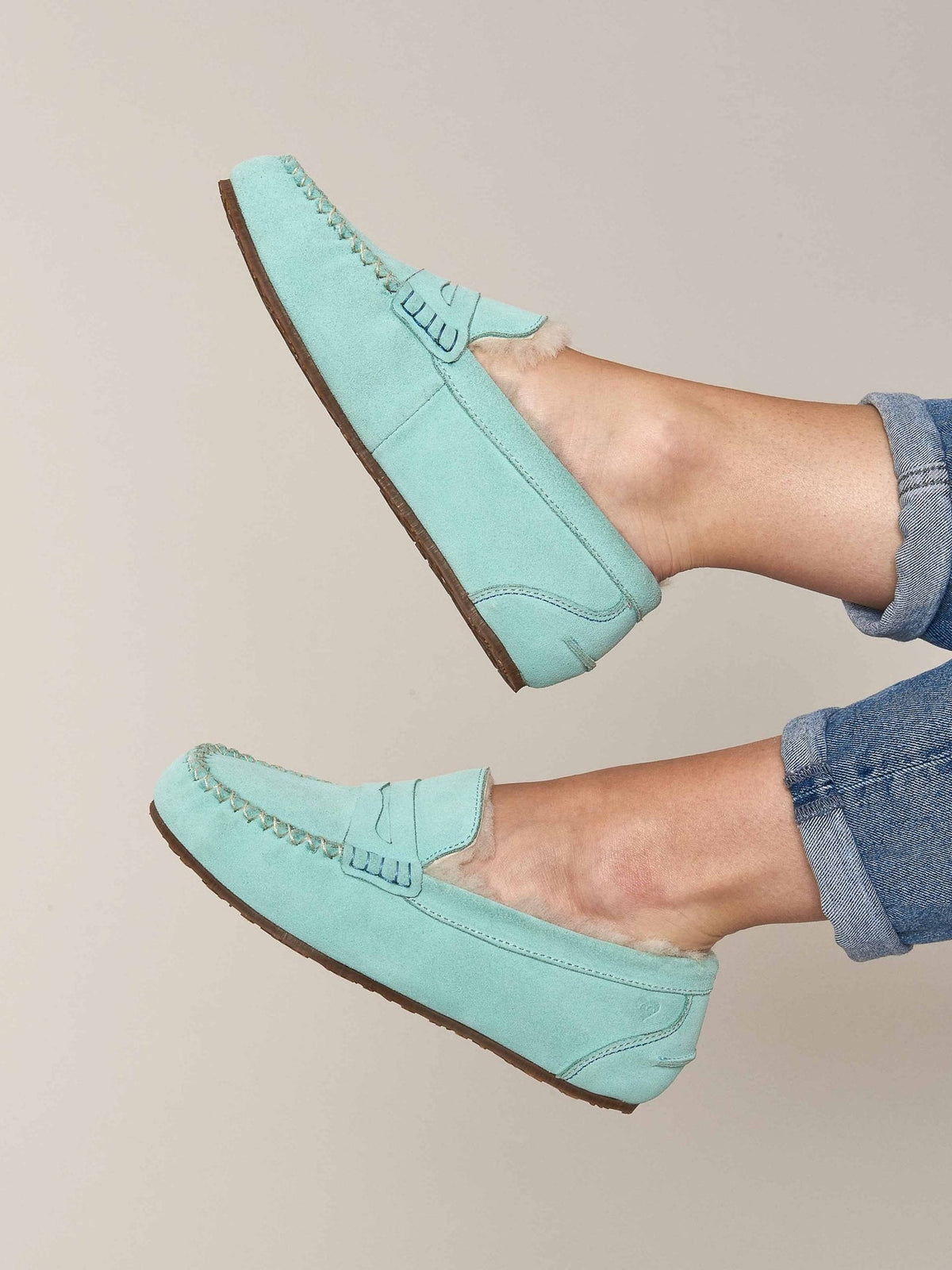 Blue suede moccasin sheepskin slippers - JOCUND GLACIER BLUE