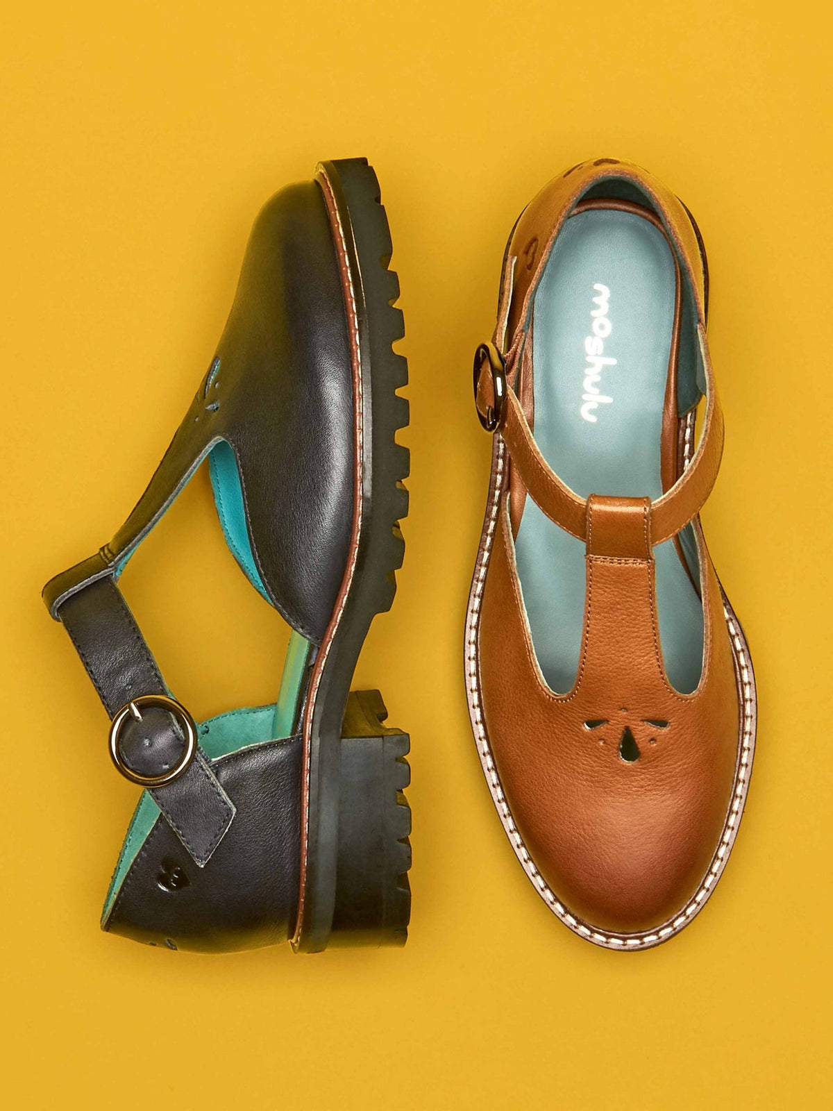Brown Leather T-bar shoes - MARAZION TAN