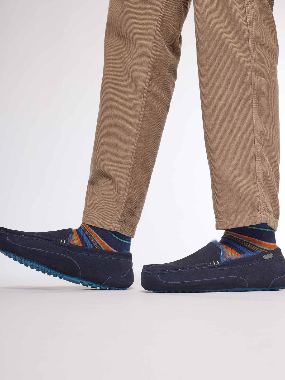 Blue men's sheepskin moccasin slippers - DISHLEY NAVY