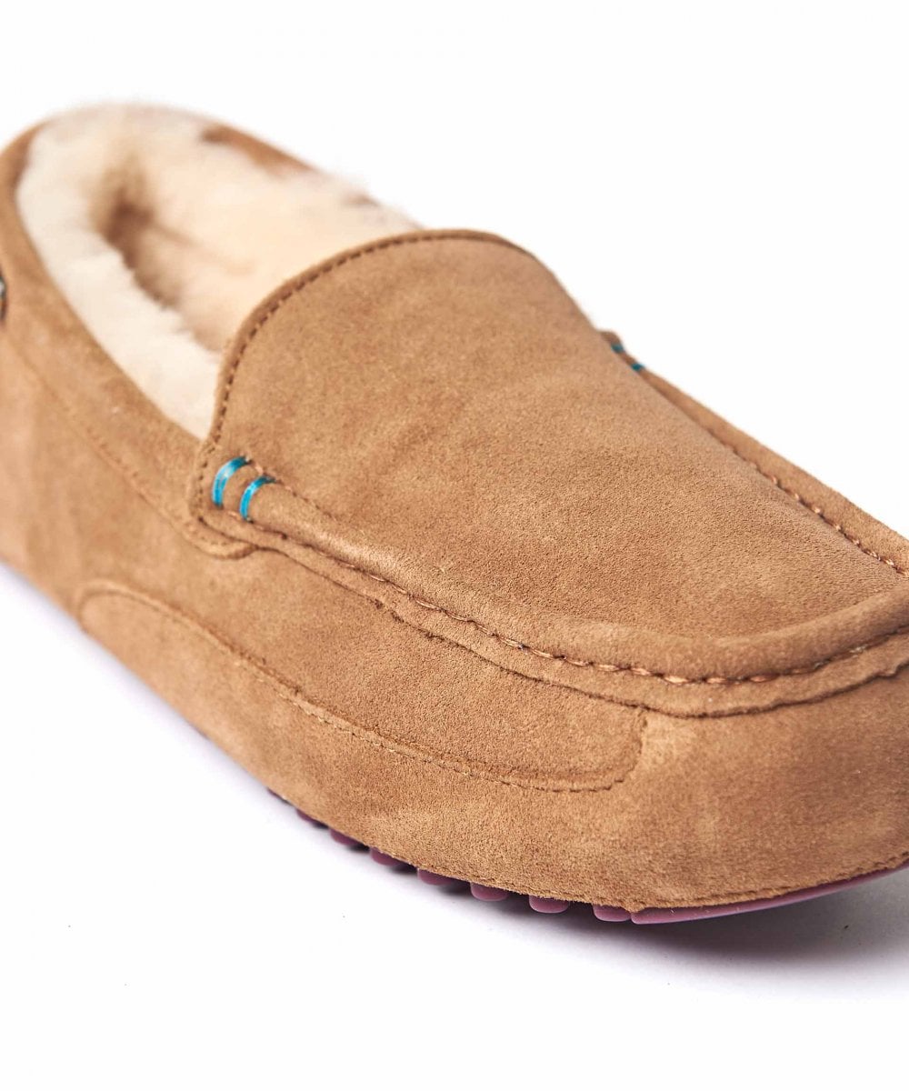 Brown men's sheepskin moccasin slippers - DISHLEY TAN LEATHER