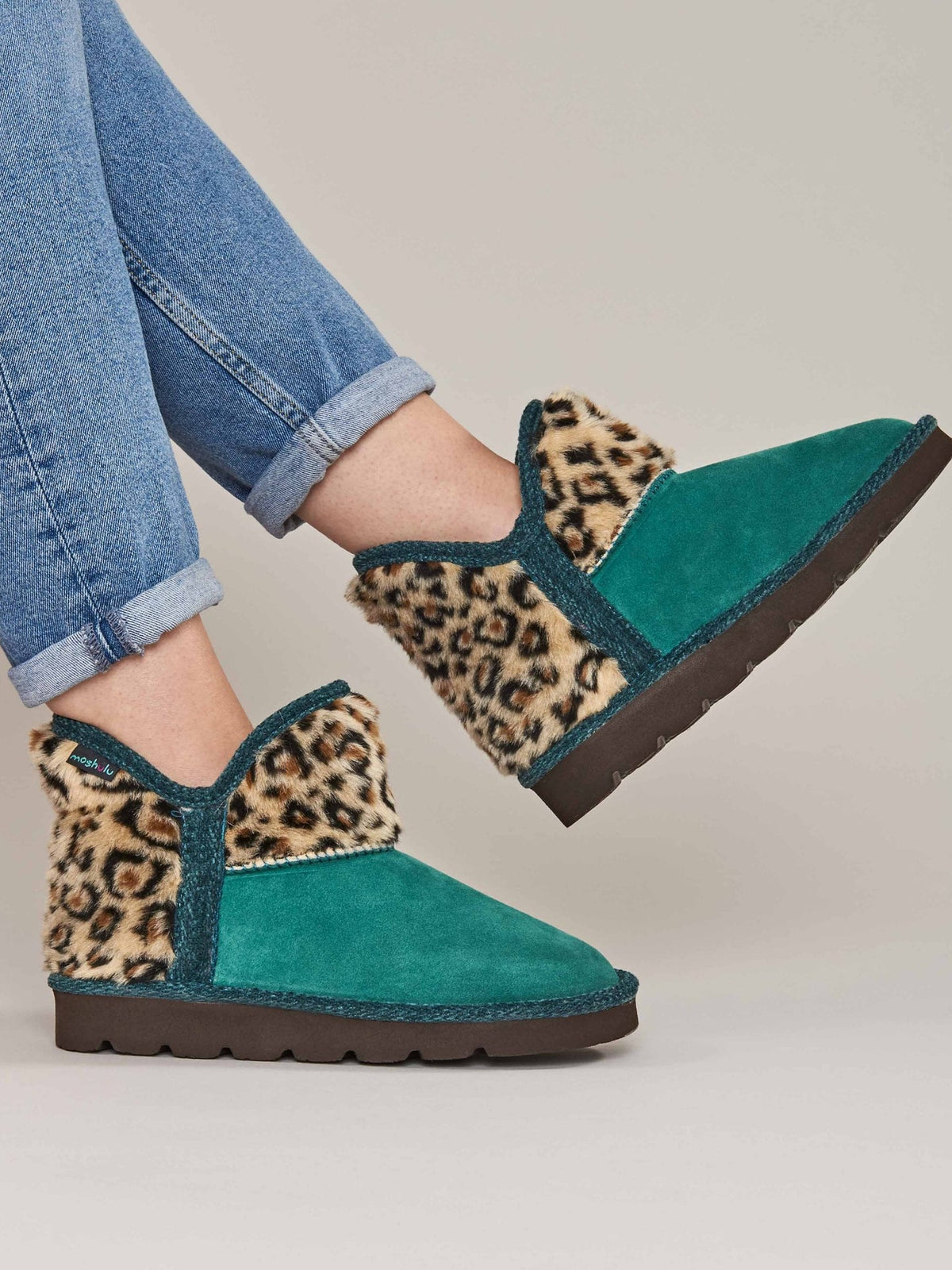 Green animal print fluffy bootie slippers - SNOWMAN 3 JADE GREEN