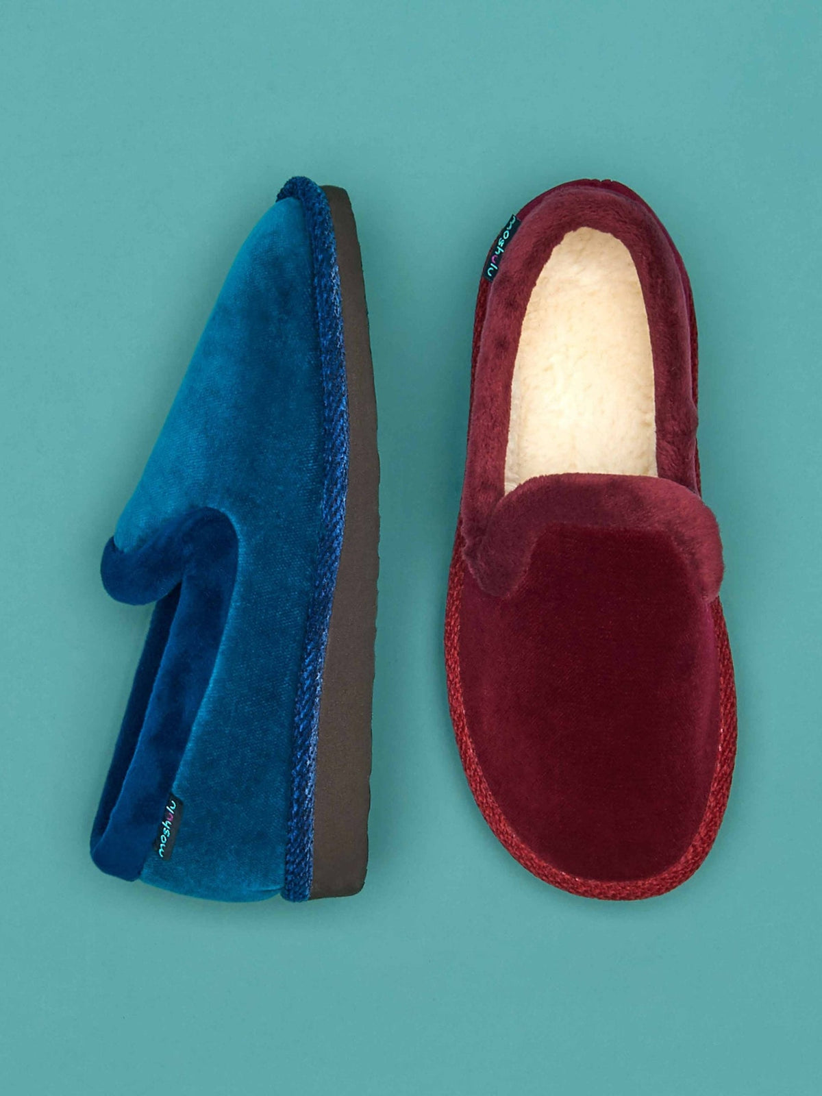 Red velvet fluffy lined full slippers - MONTREAL BURGUNDY