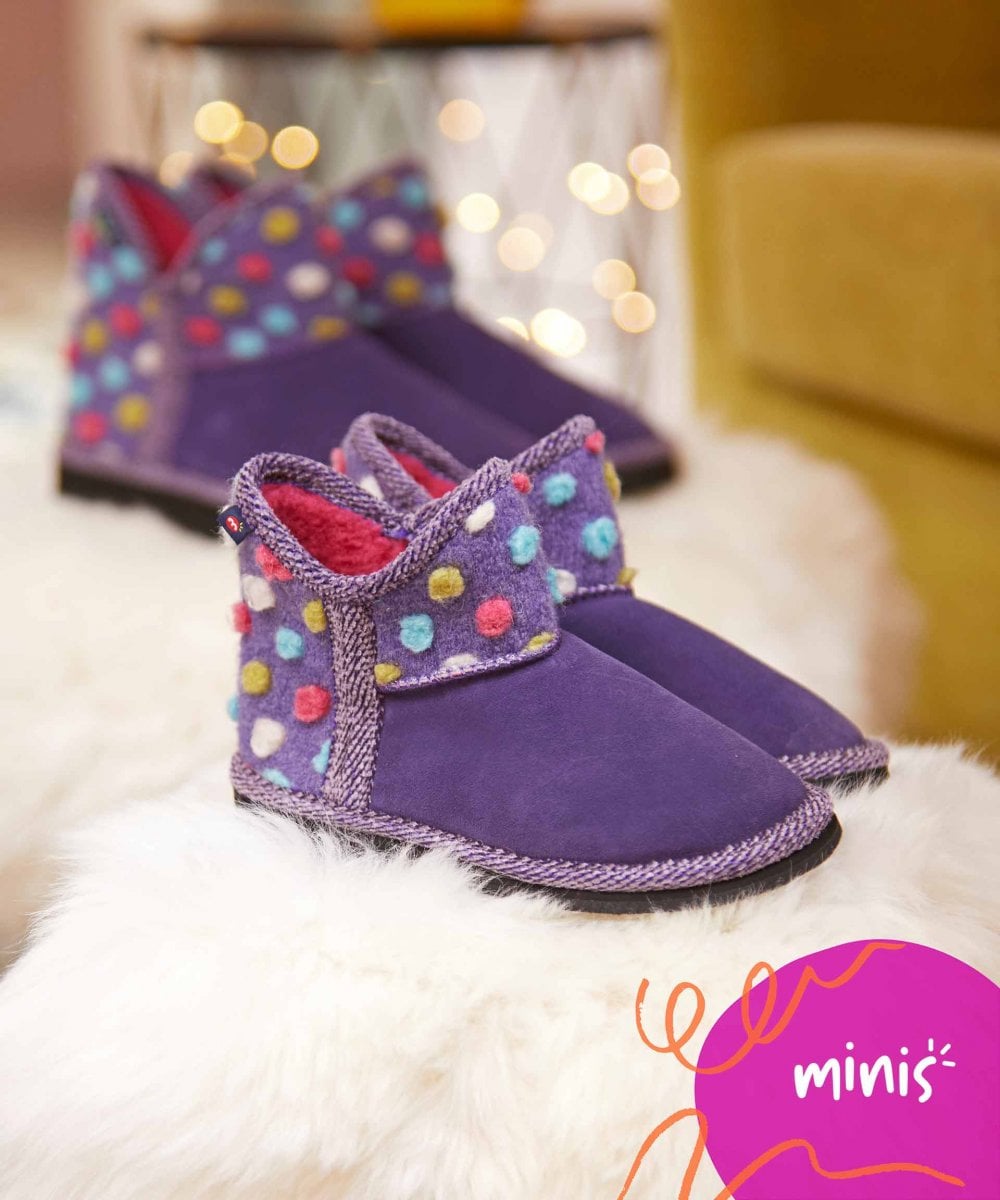 Purple kids spotty bootie slippers - MINI FIRESIDE VIOLET