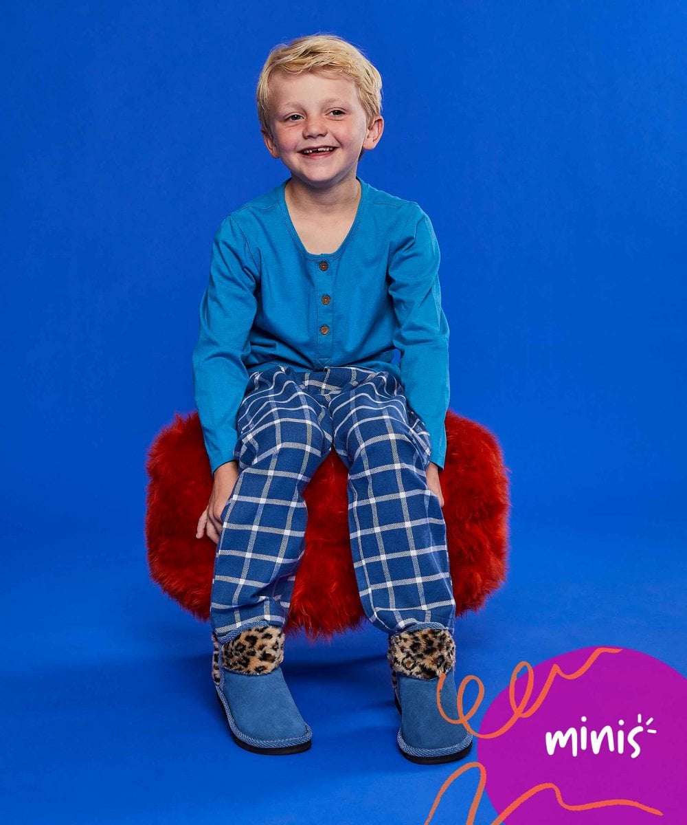 Blue kids animal print fluffy bootie slippers - MINI SNOWMAN DENIM