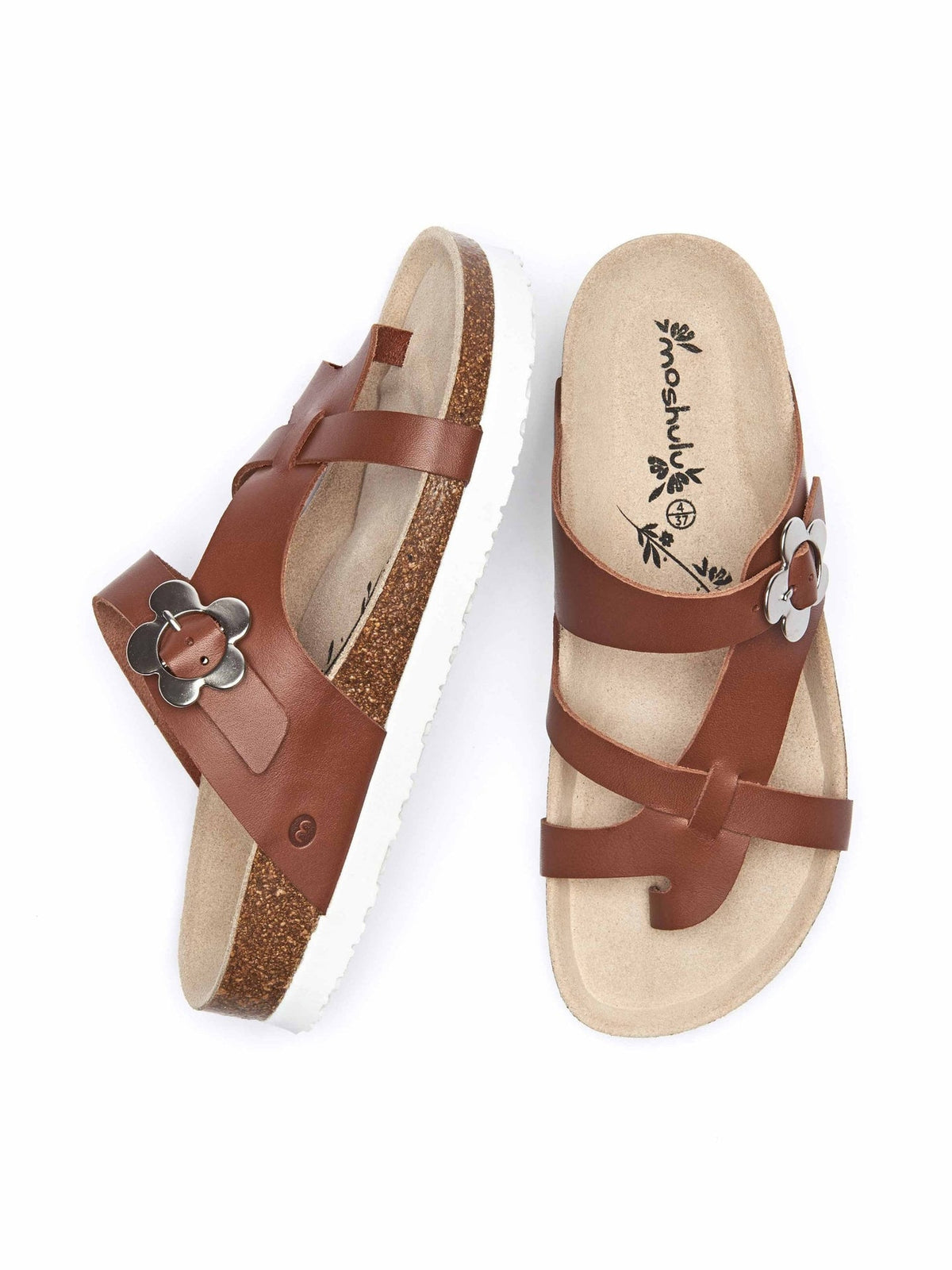 Brown leather cork sandal with floral buckle - ROSA TAN