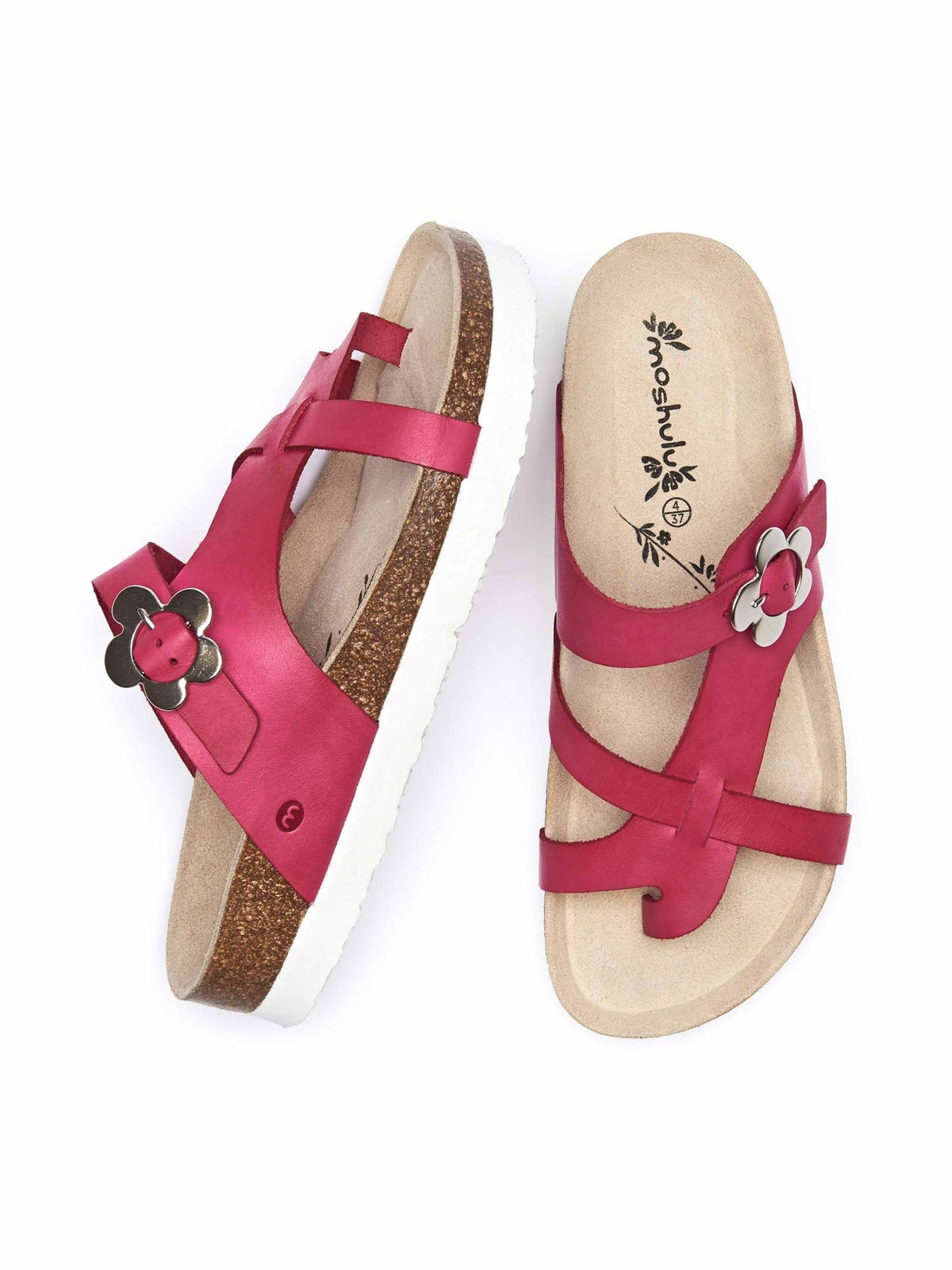 Pink leather cork sandal with floral buckle - ROSA CERISE PINK