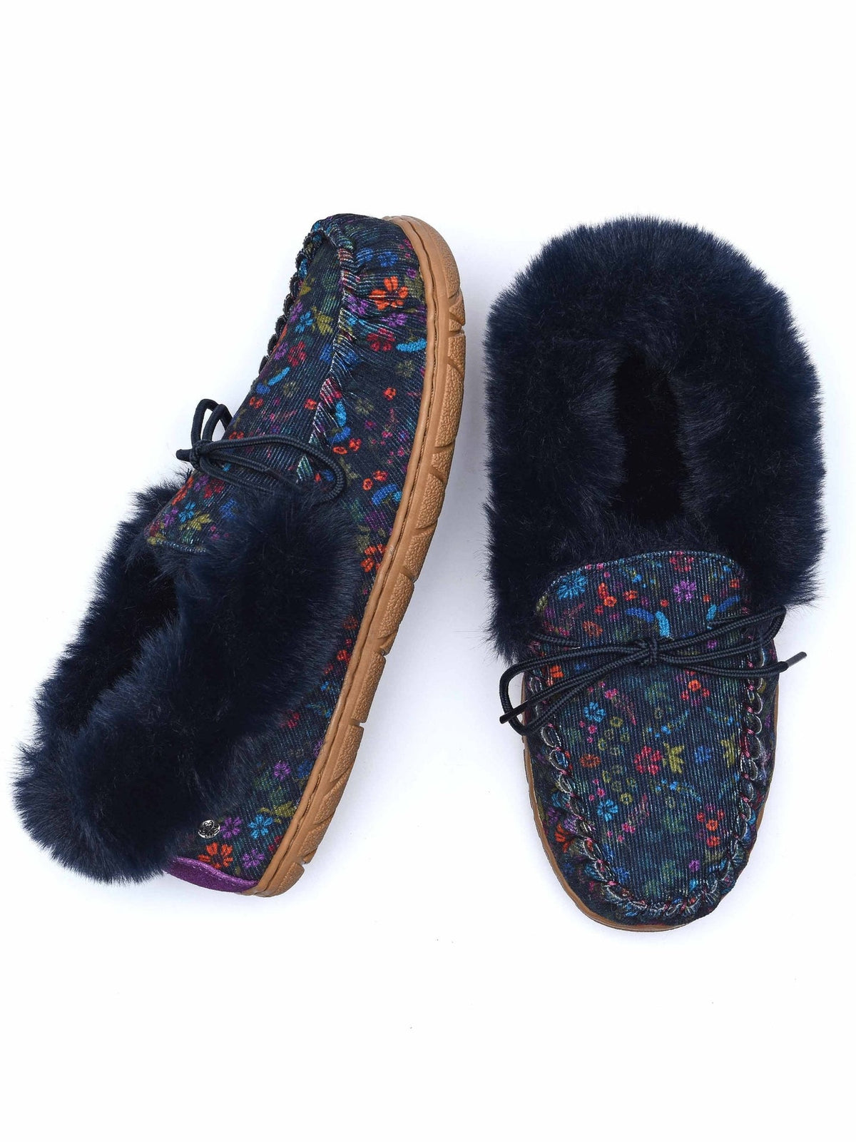 Blue fluffy moccasin slipper - ZELLA INDIGO FLORAL