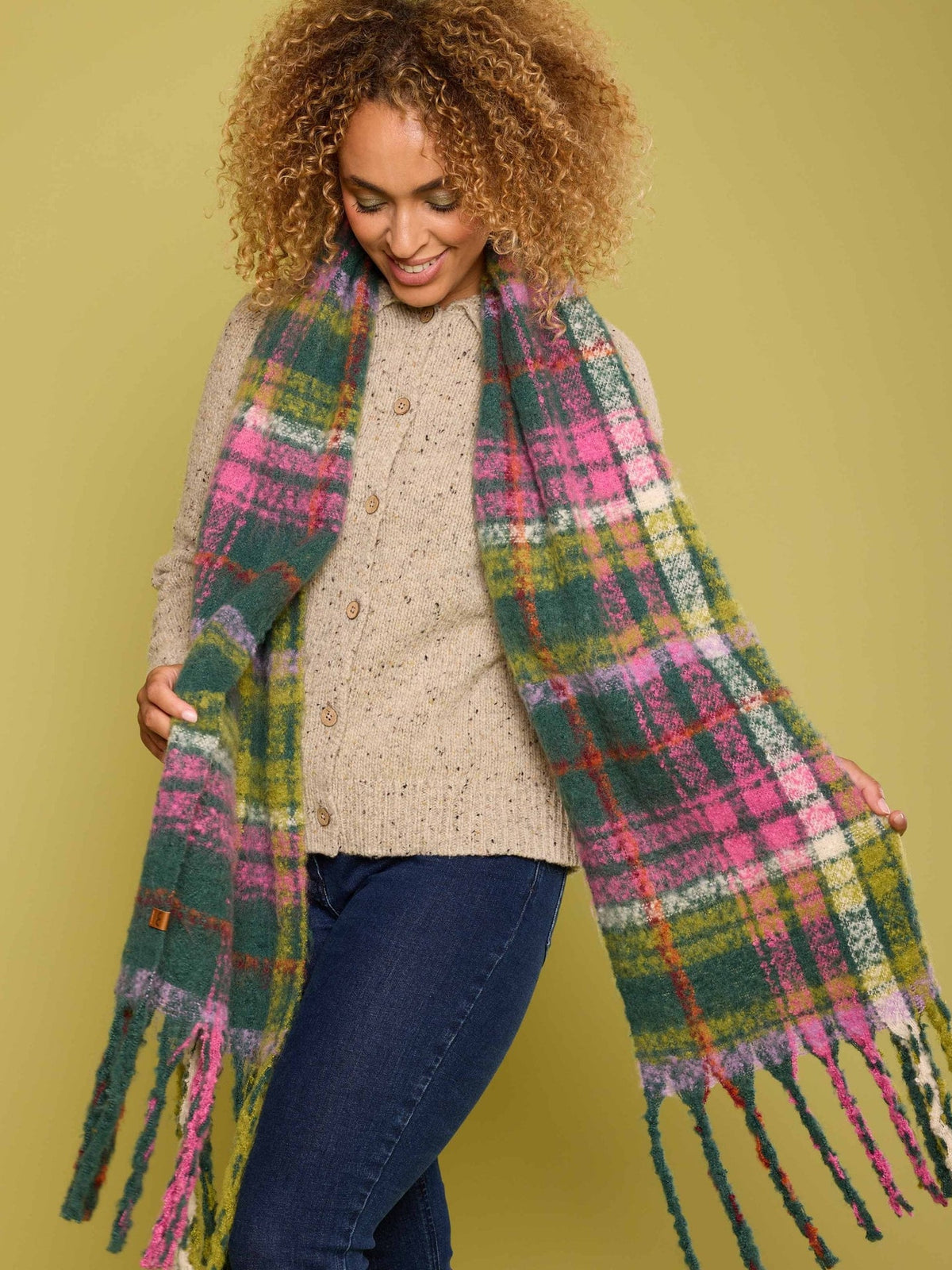 Green oversized check scarf - DUNLIN SCARF PINE GREEN CHECK