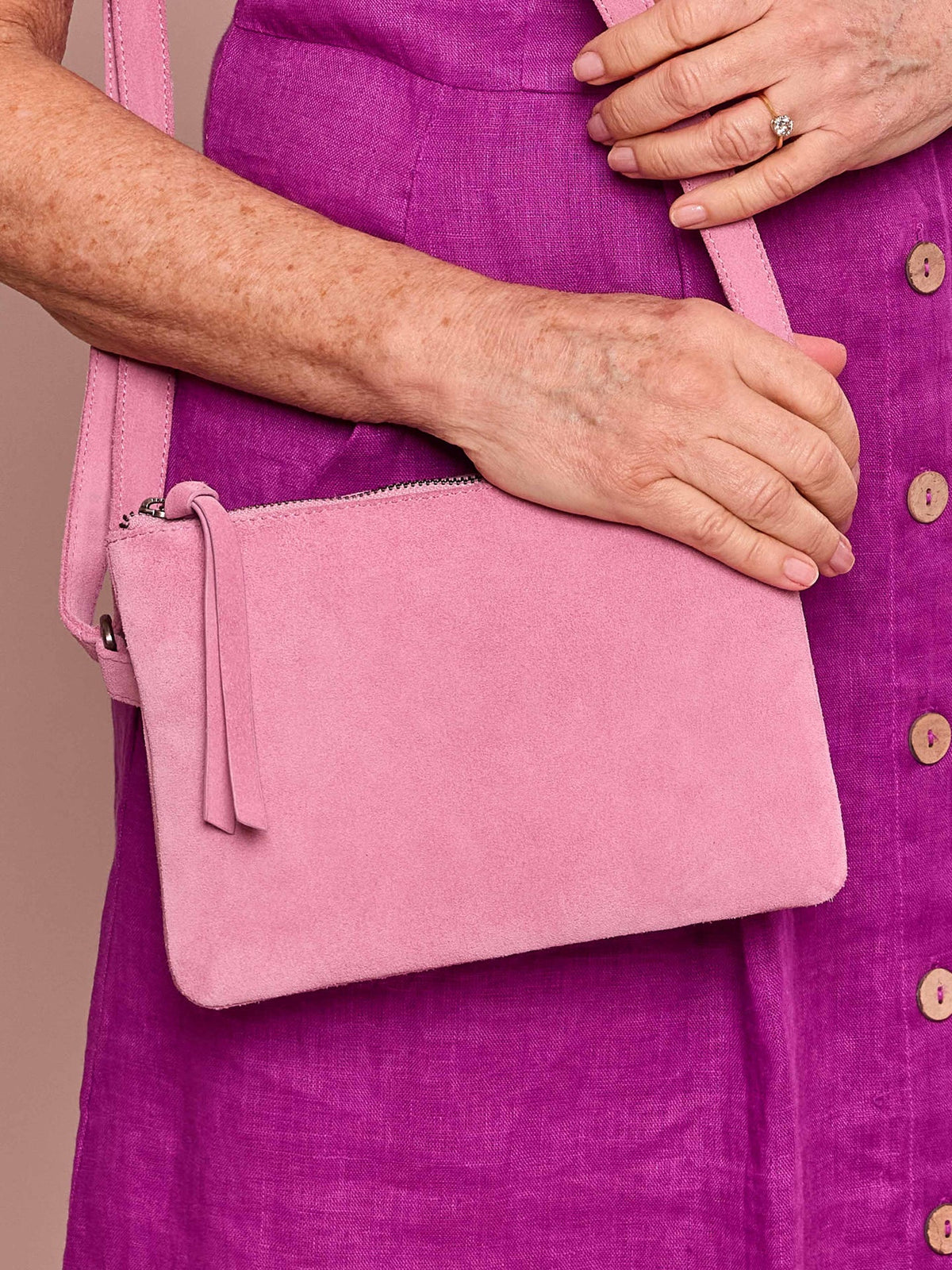 Pink suede shoulder bag - MALHAM SWEET PEA PINK