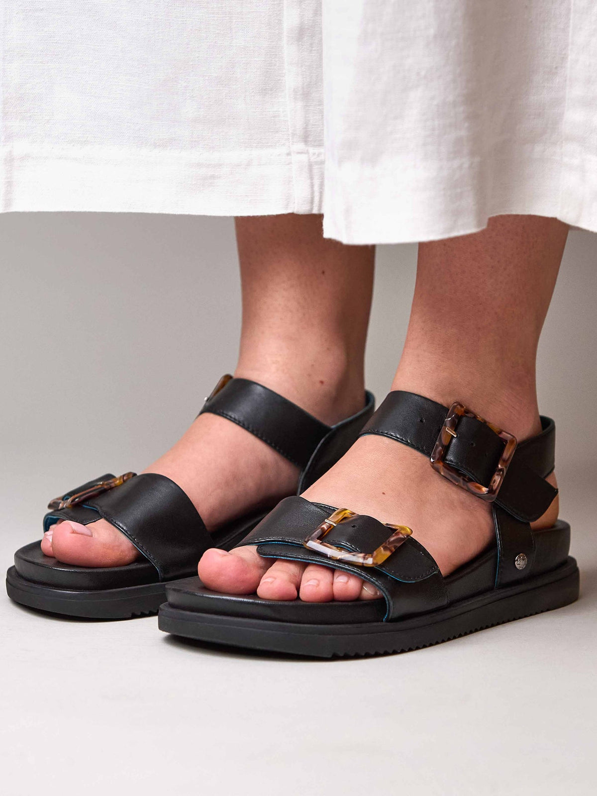 Black colourful leather buckle sandals - NEWARK 2 BLACK LEATHER