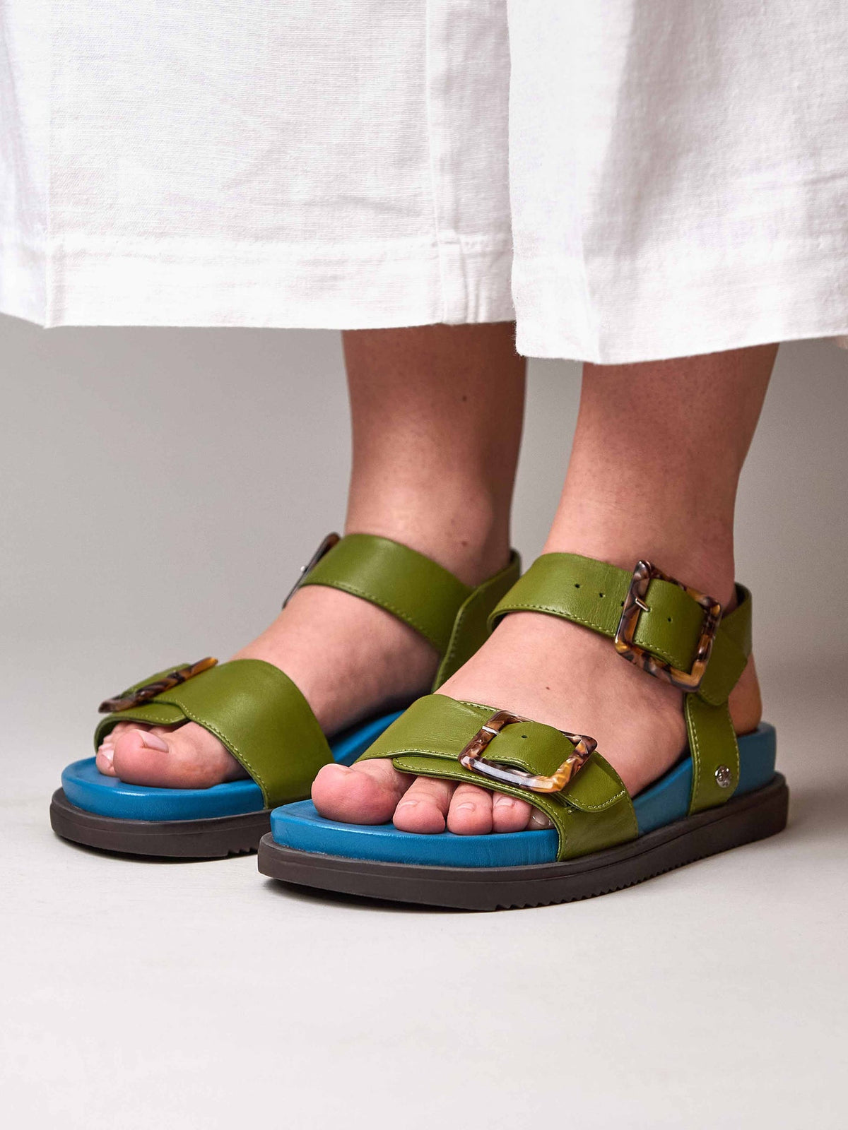 Green colourful leather buckle sandals - NEWARK 2 GUACAMOLE/MARINE TEAL LEATHER
