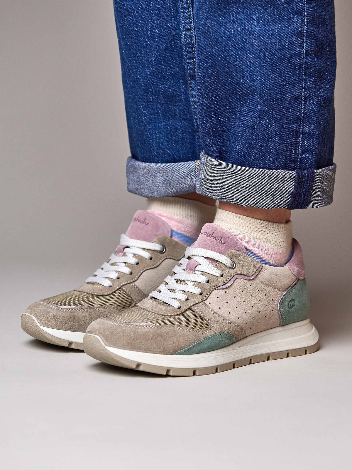 Neutral lace up mesh panel trainers - TERESA SAND MULTI