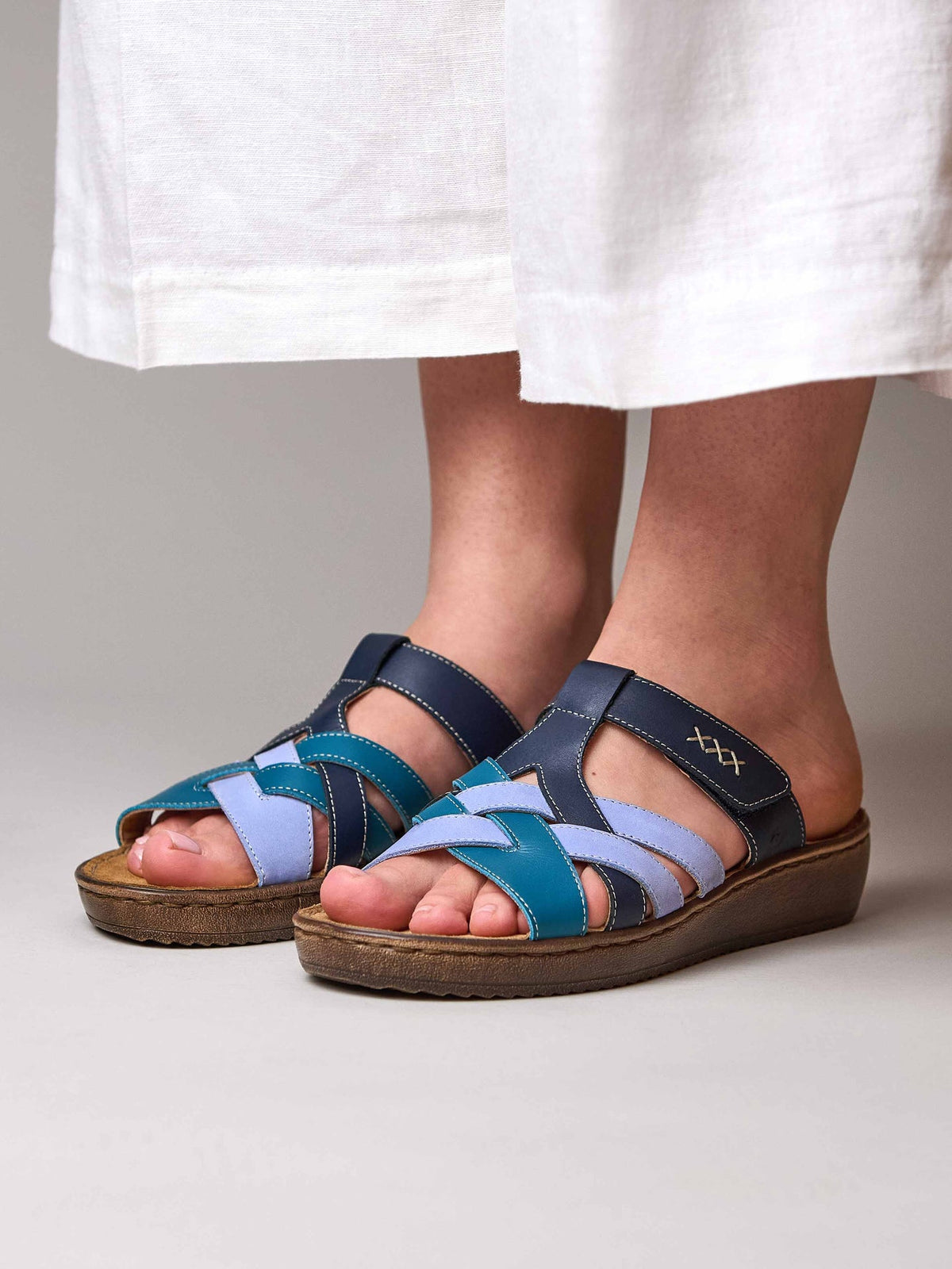 Blue multi-coloured slip on sandals - ZAHARA INDIGO MULTI LEATHER