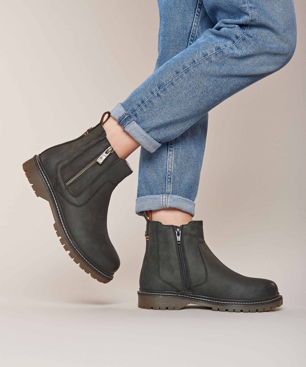 Black Leather fleece lined ankle boots - HATTER BLACK