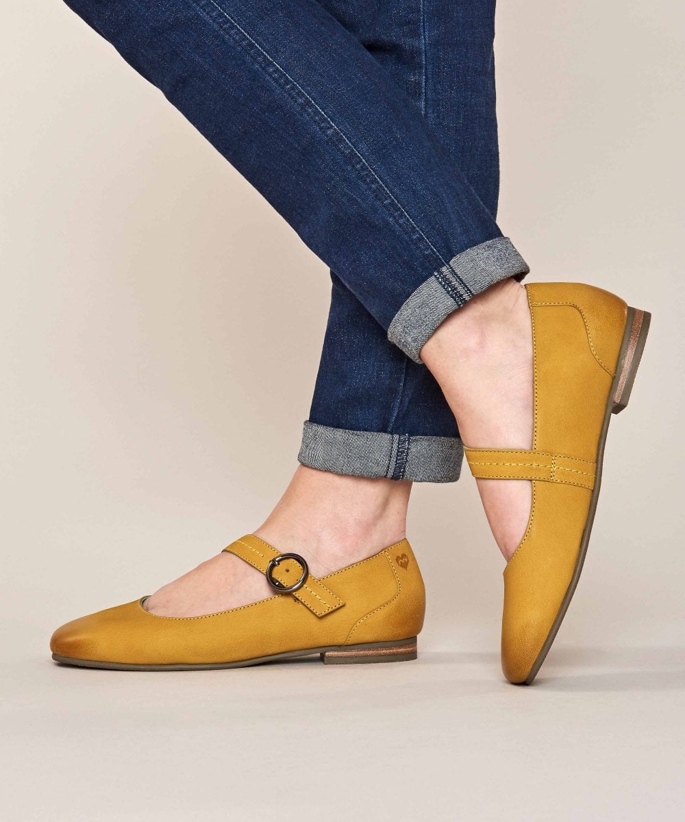 Yellow Nubuck strap flat shoes - REEVE 2 YELLOW